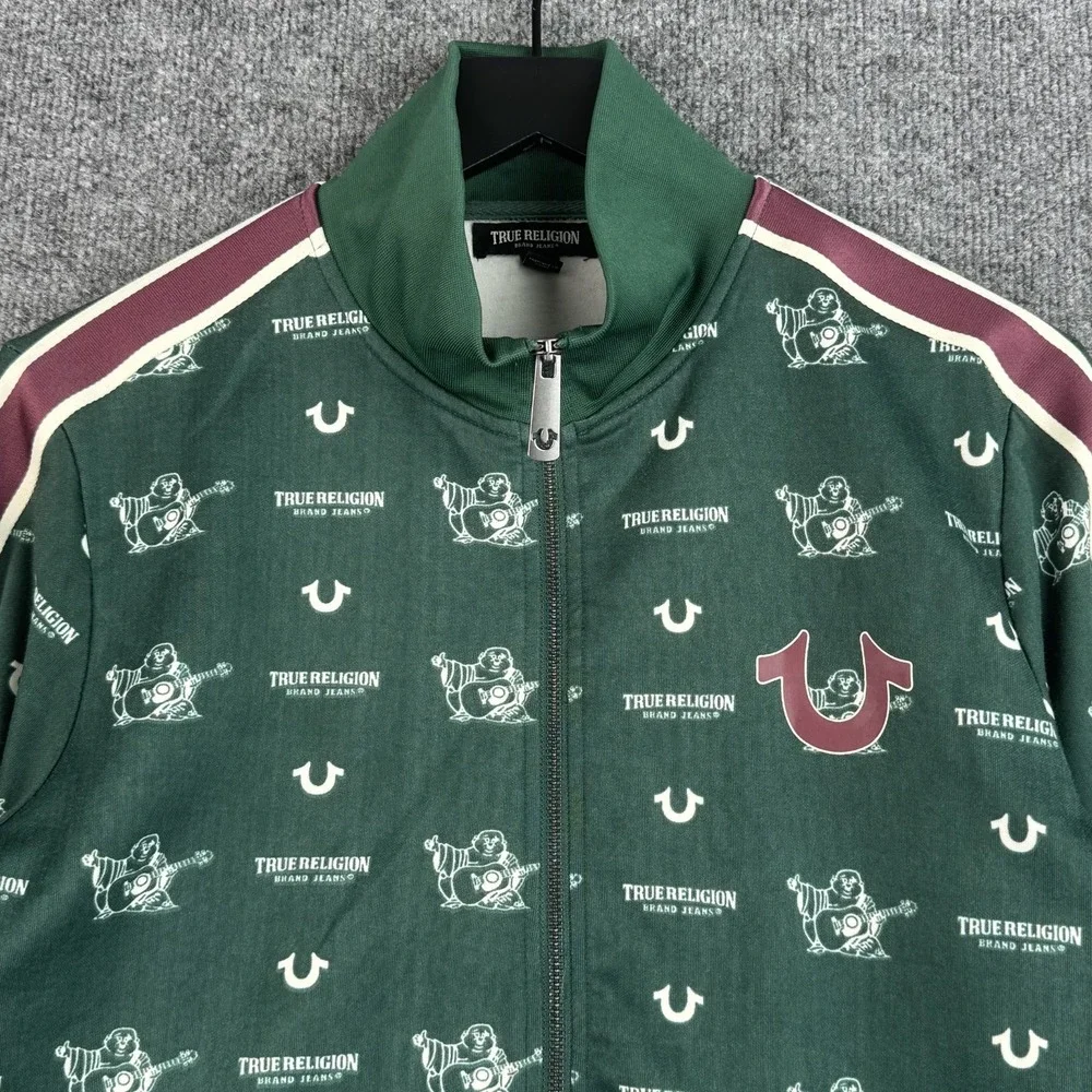 True Religion Track Jacket Mens S Green Monogram Buddha Logo Full Zip Stripe Y2K